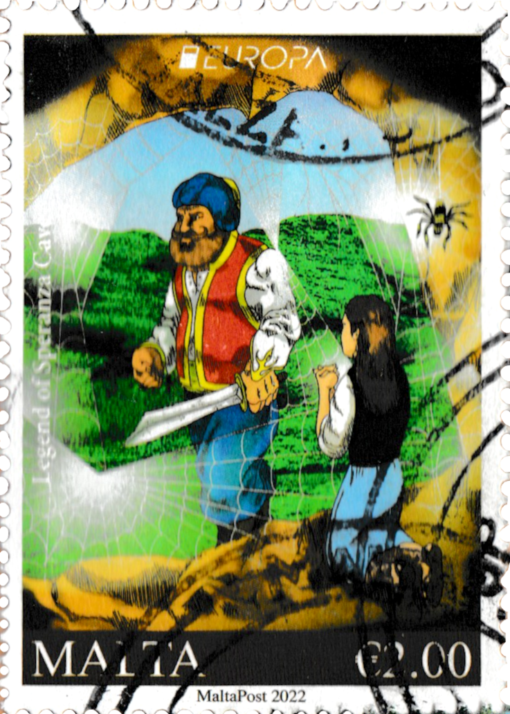 A 2022 stamp from Malta, featuring a drawn image of the maltese legend Speranza valley.